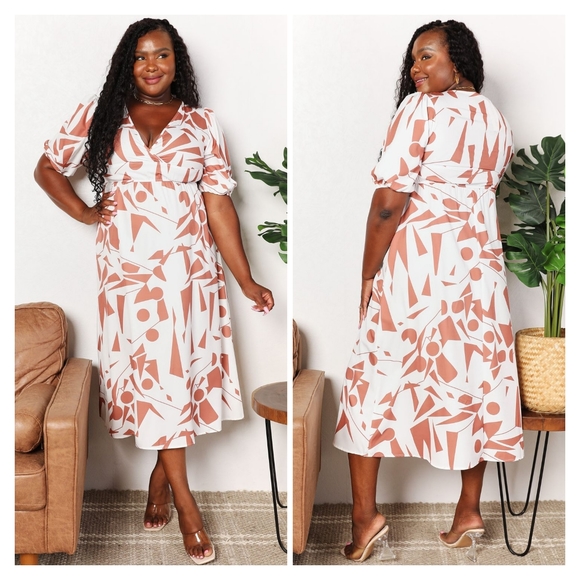 Printed V-Neck Surplice Balloon Sleeve Dress - Picture 5 of 8